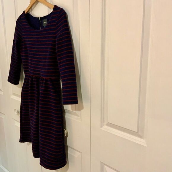 Anthropologie Maeve Navy Blue Striped Brenna Fit Flare Dress Sz 2 - Picture 7 of 13
